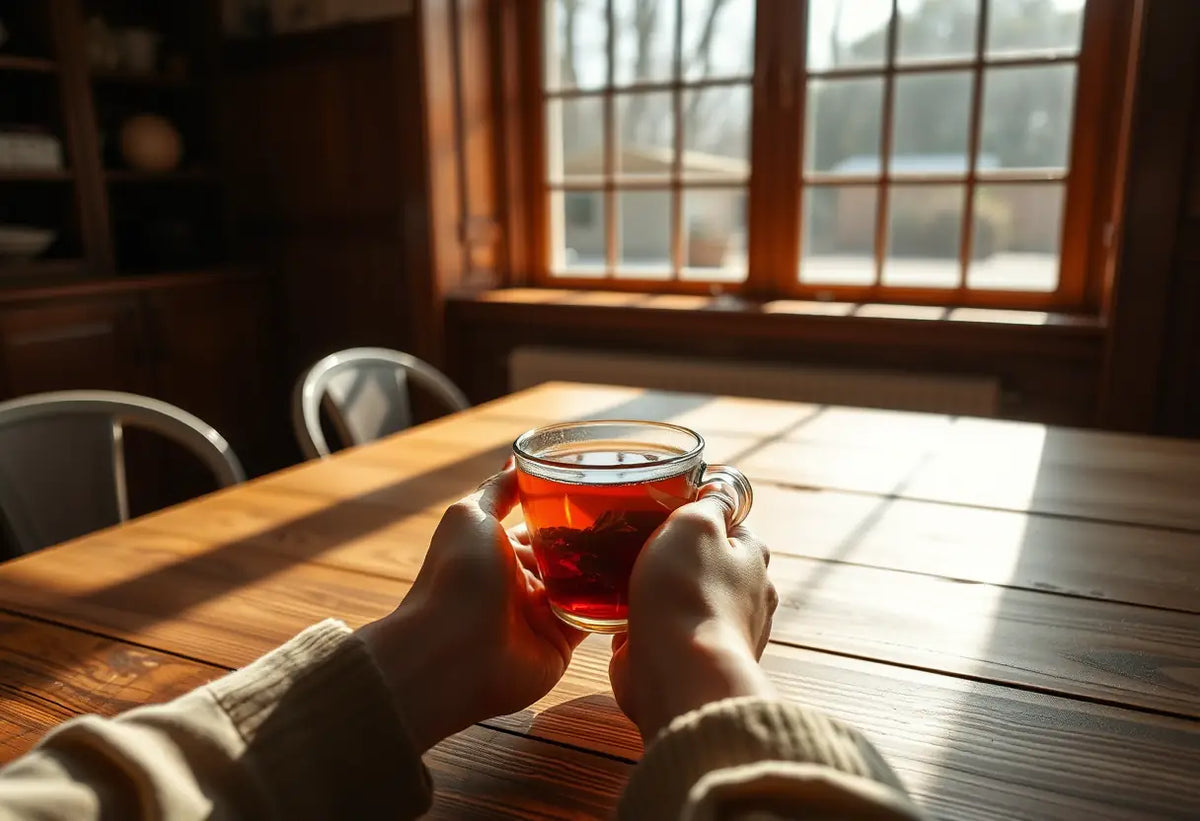 Un grand fenêtre éclaire une table de cuisine où des mains tiennent une tasse de thé