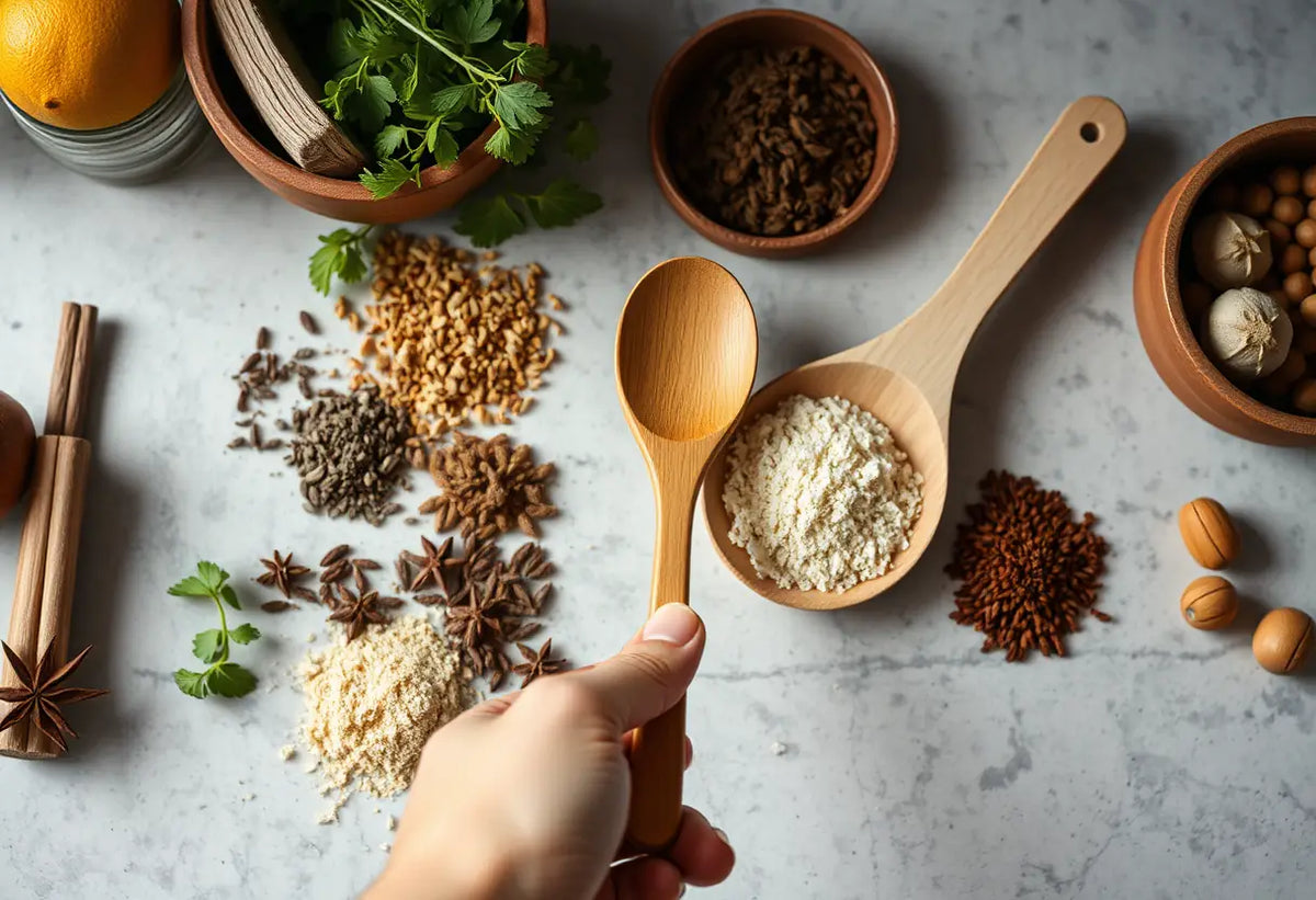Une main dispose une cuillère en bois parmi des épices et des herbes sèches sur un comptoir de cuisine.
