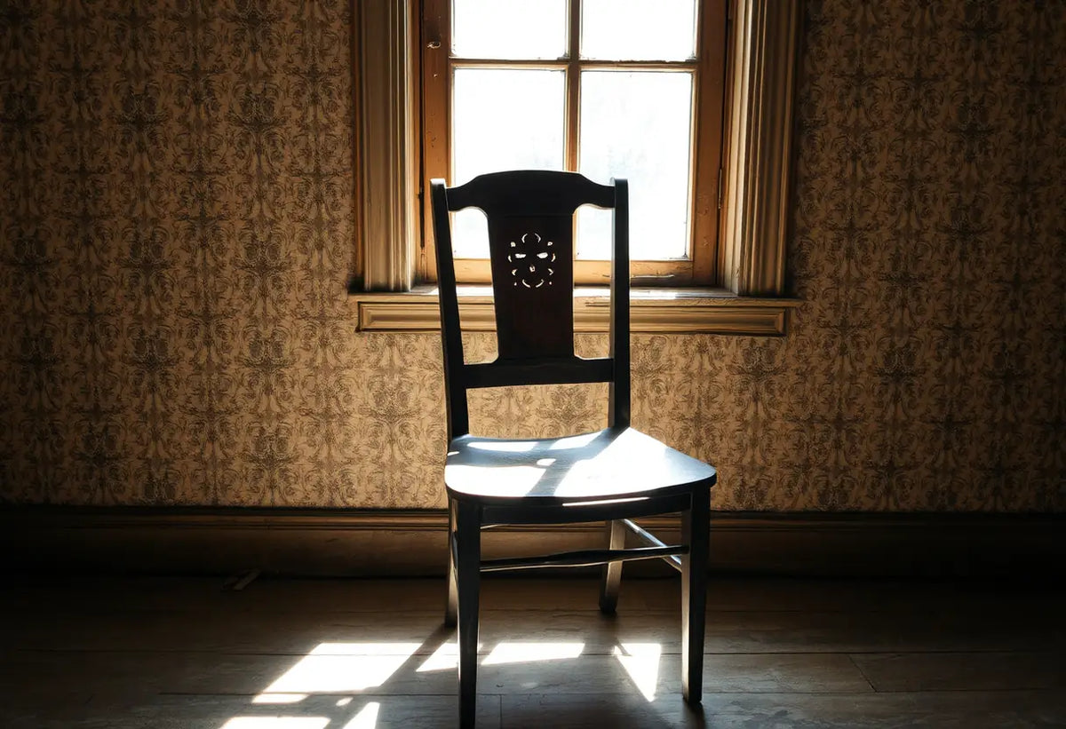 Une chaise ancienne placée près d'une fenêtre éclairée par la lumière du soleil