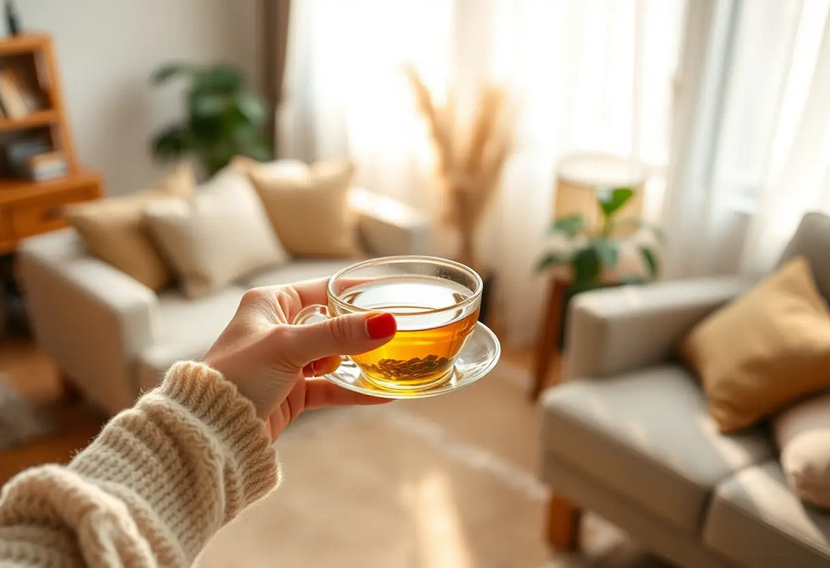 Une main tenant une tasse de thé dans un salon accueillant, thème de la baisse de libido