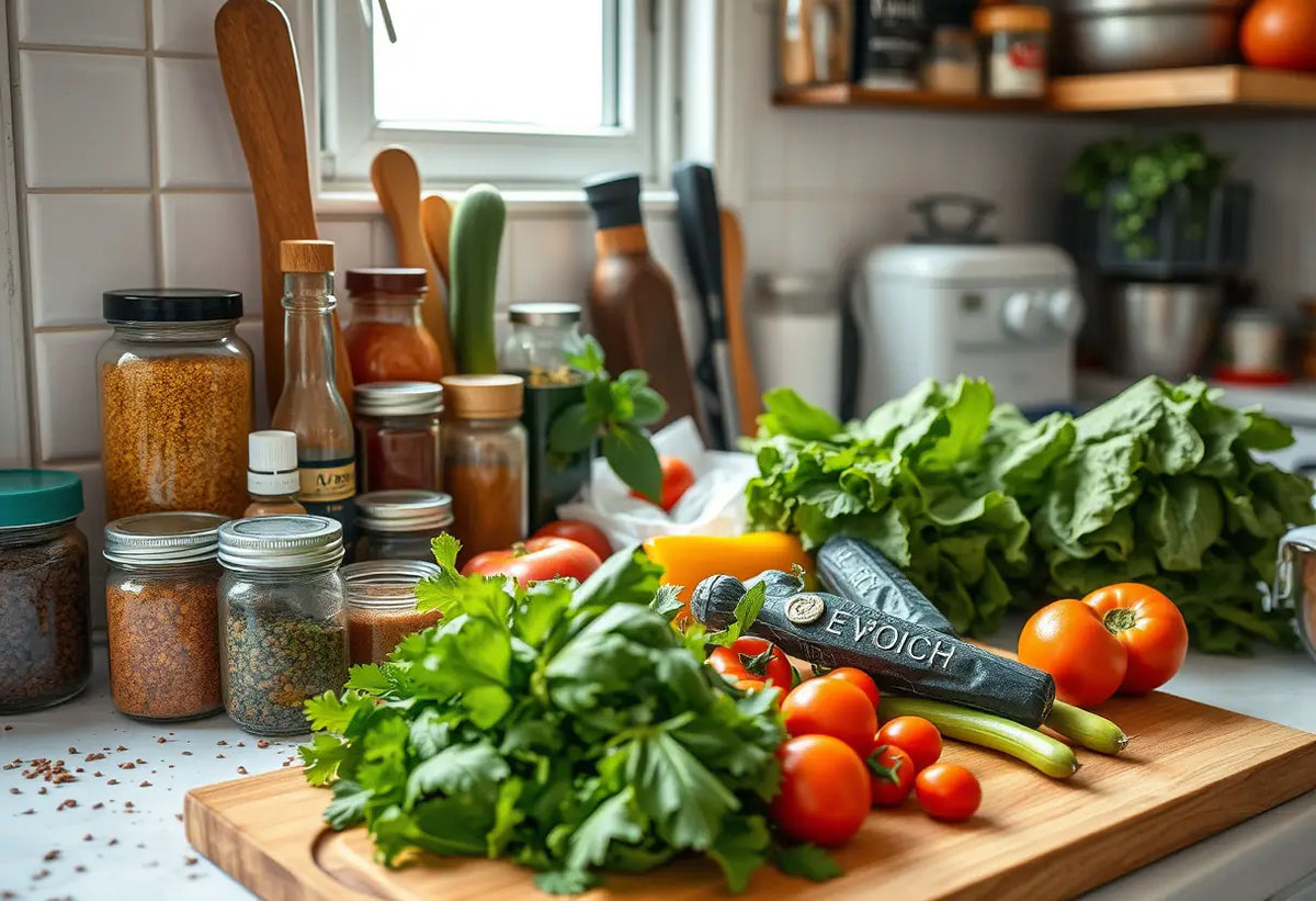 Un plan de travail de cuisine garni d'épices et de légumes frais, mettant en valeur l'importance de l'alimentation équilibrée.