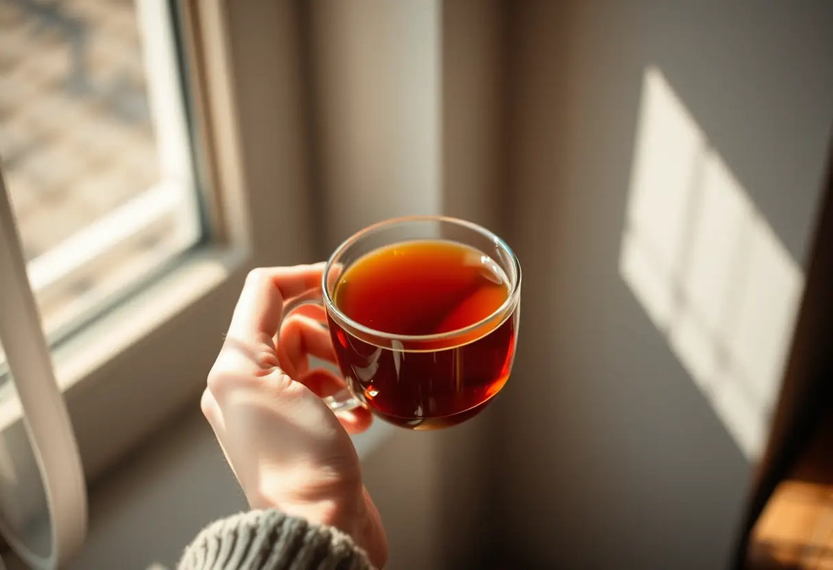 Une main féminine tenant une tasse de thé chaud, éclairée par la lumière naturelle