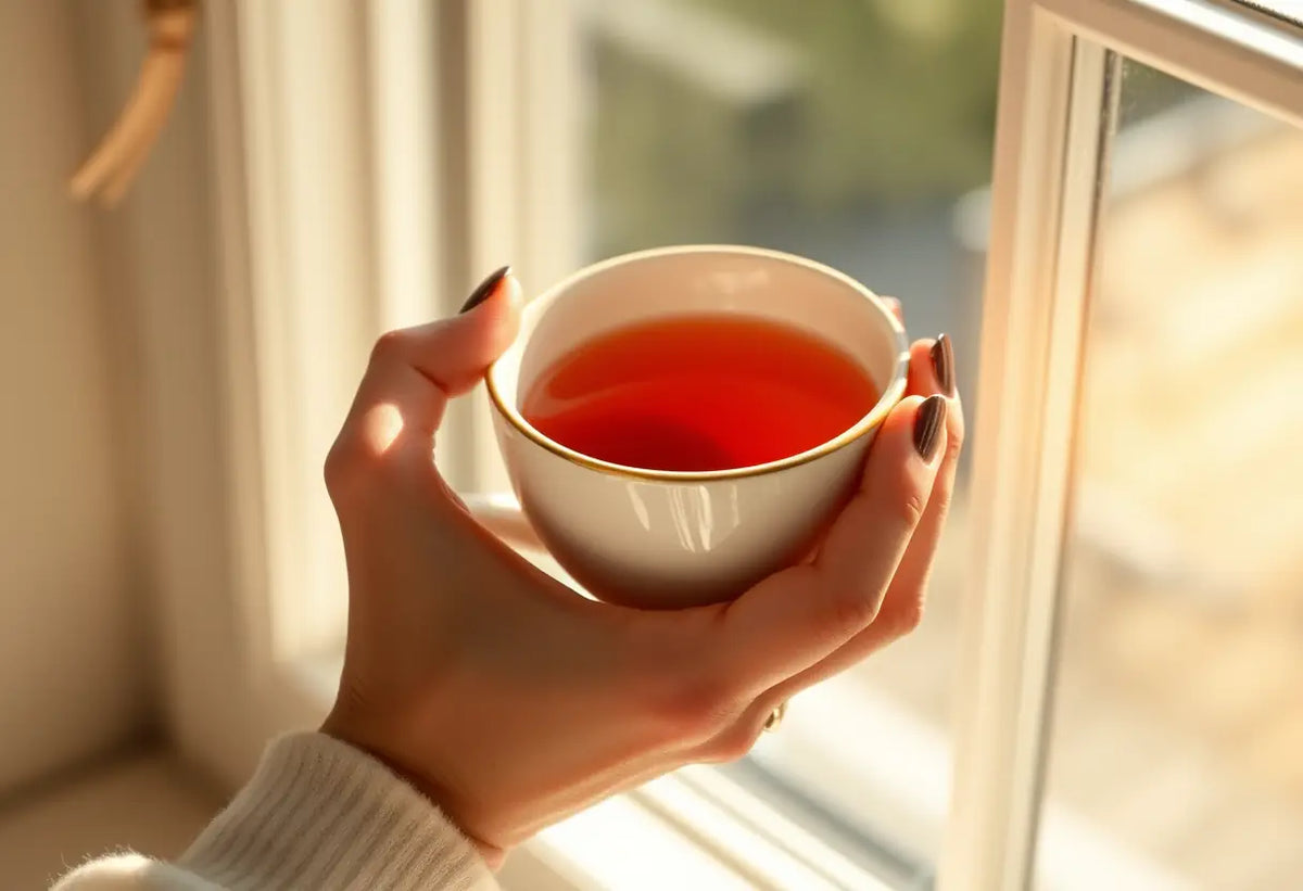 Main de femme tenant une tasse de thé, lumière chaude