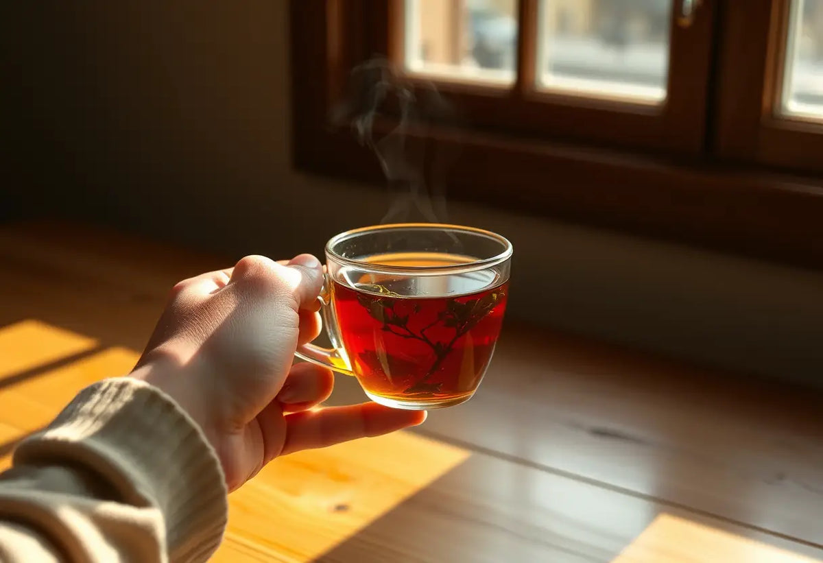 Une main tenant une tasse de thé aromatisé dans un rayon de soleil
