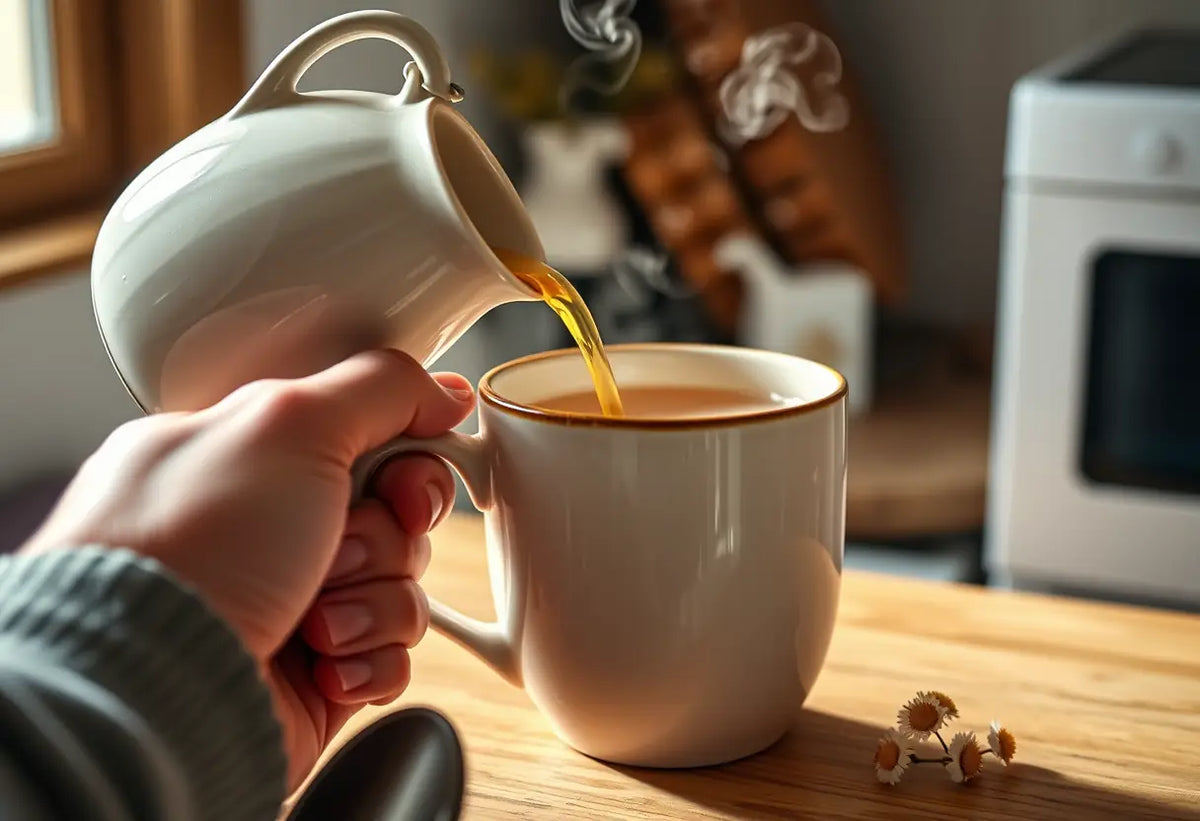 Une main verse du thé à la camomille dans une tasse de porcelaine dans une cuisine accueillante