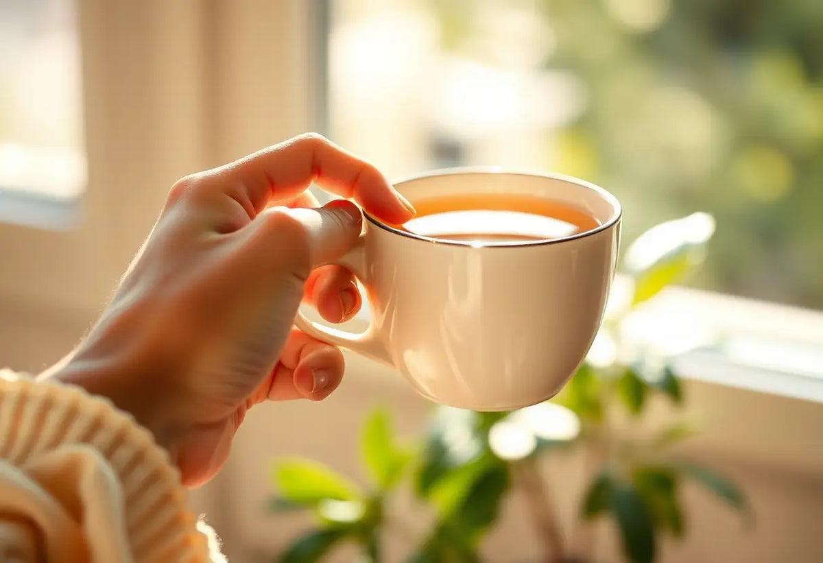 Une main féminine tient une tasse de thé aromatique, chaleur et confort