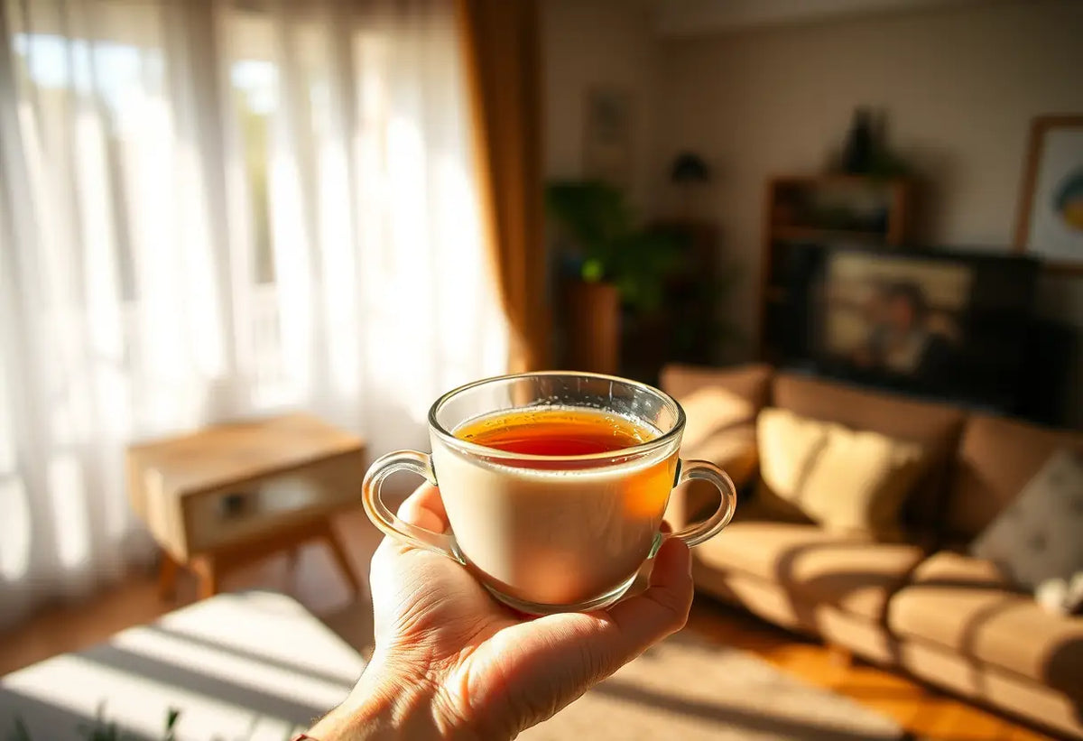 Une main tenant une tasse de thé herbeux dans un salon accueillant, éclairé par la lumière du jour, illustrant la douceur de la vie intime chez les seniors.