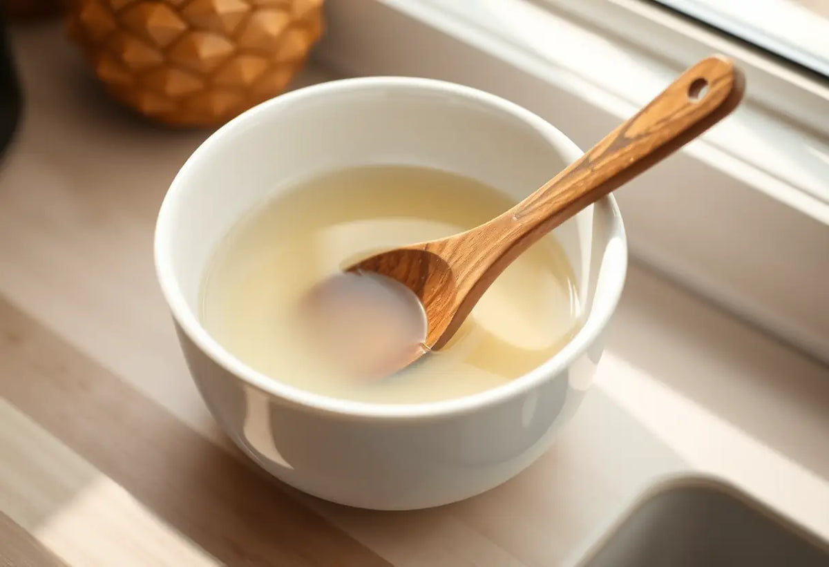 Image principale : Un cuilleron mélange une substance dans un bol en porcelaine blanche