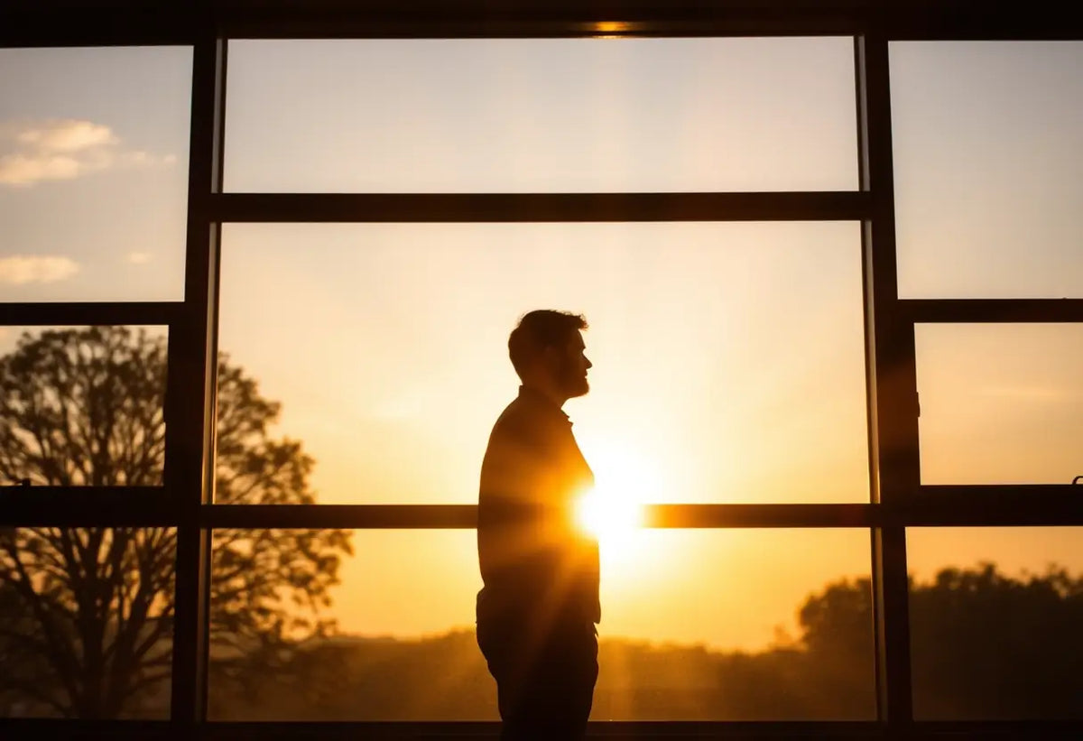 Silhouette d'une personne devant une fenêtre au coucher du soleil