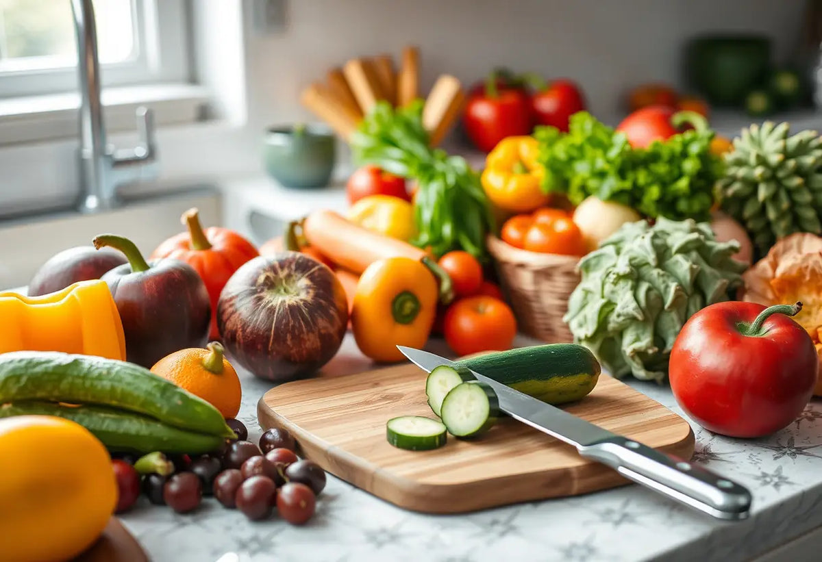Un plan de travail de cuisine avec des légumes et des fruits colorés