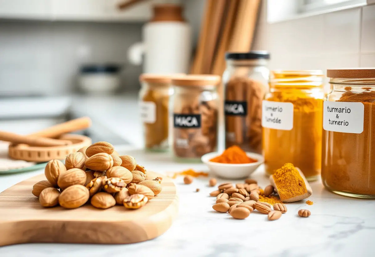Épices et noix sur un plan de travail, rappelant les nutriments essentiels pour augmenter la libido.