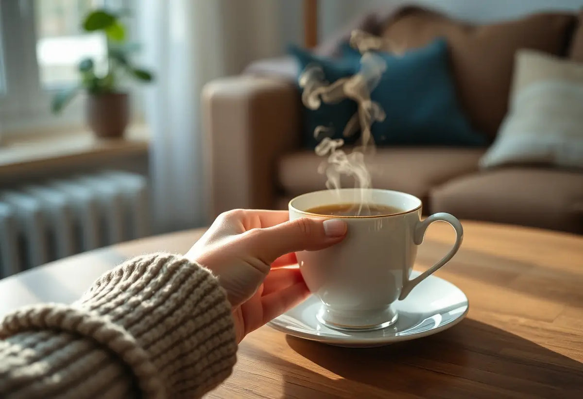 Une main féminine tient une tasse de thé chaud dans un salon accueillant