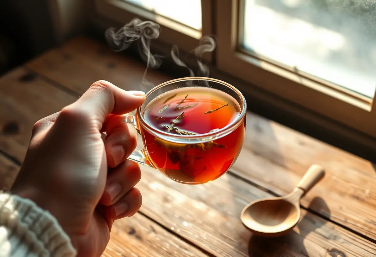 Une main tenant une tasse de thé chaud sur une table rustique