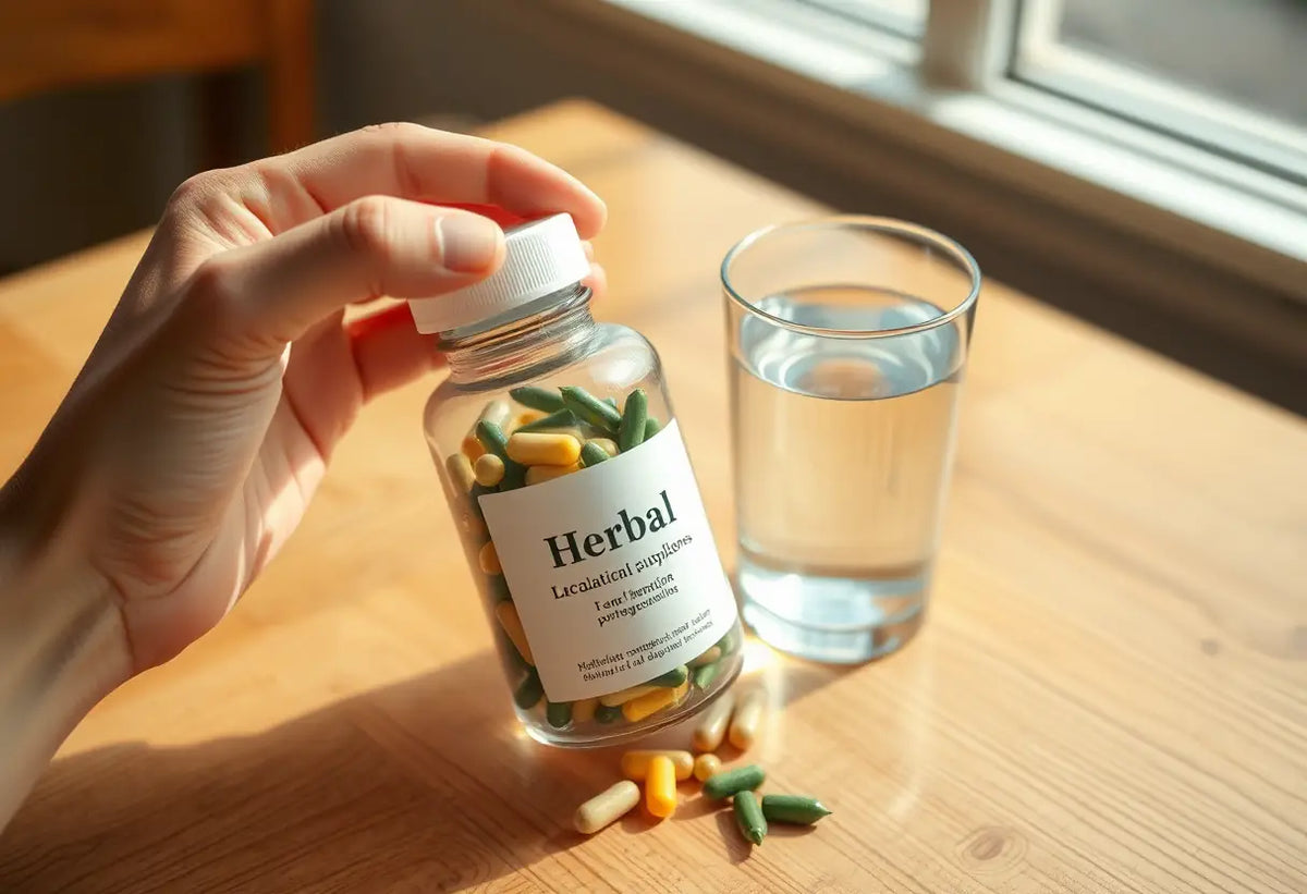 Une main tenant une bouteille de compléments alimentaires sur une table, accompagnée d'un verre d'eau