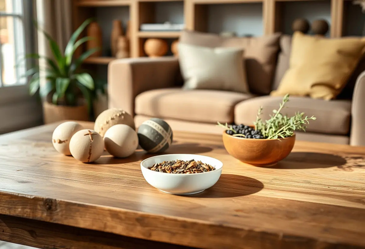 Table avec billes céramiques et herbes sèches pour le bien-être