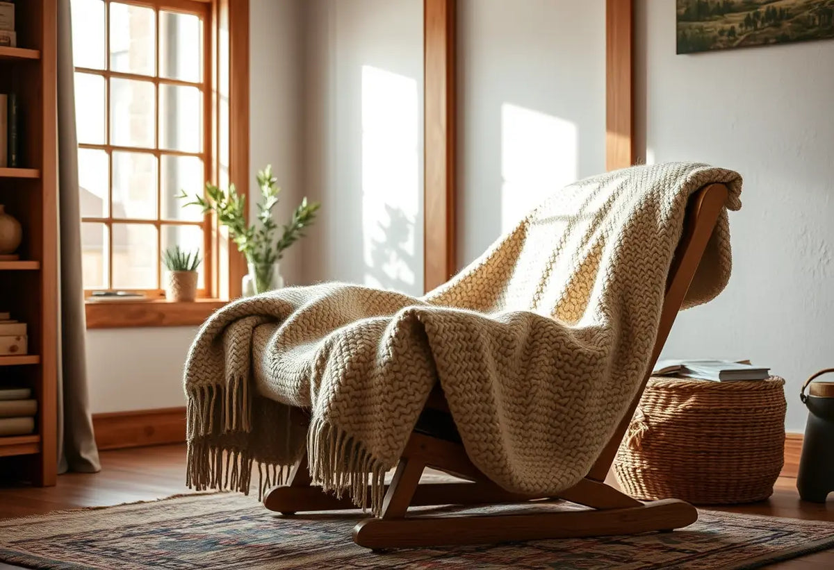 Une chaise recouverte d'une couverture en laine dans un salon accueillant, éclairée par la lumière du jour