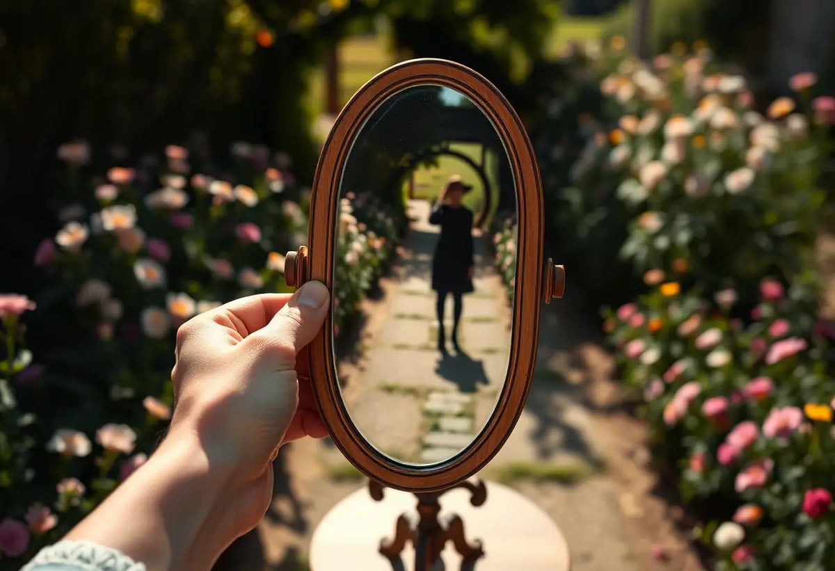 Un miroir posé sur une table reflète un silhouetté dans un jardin fleuri