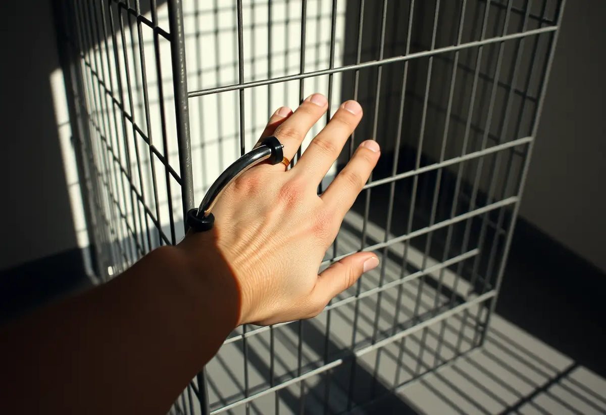 Une main repose sur un anneau en métal poli attaché à une cage en acier, éclairée par la lumière dans un coin de la pièce.