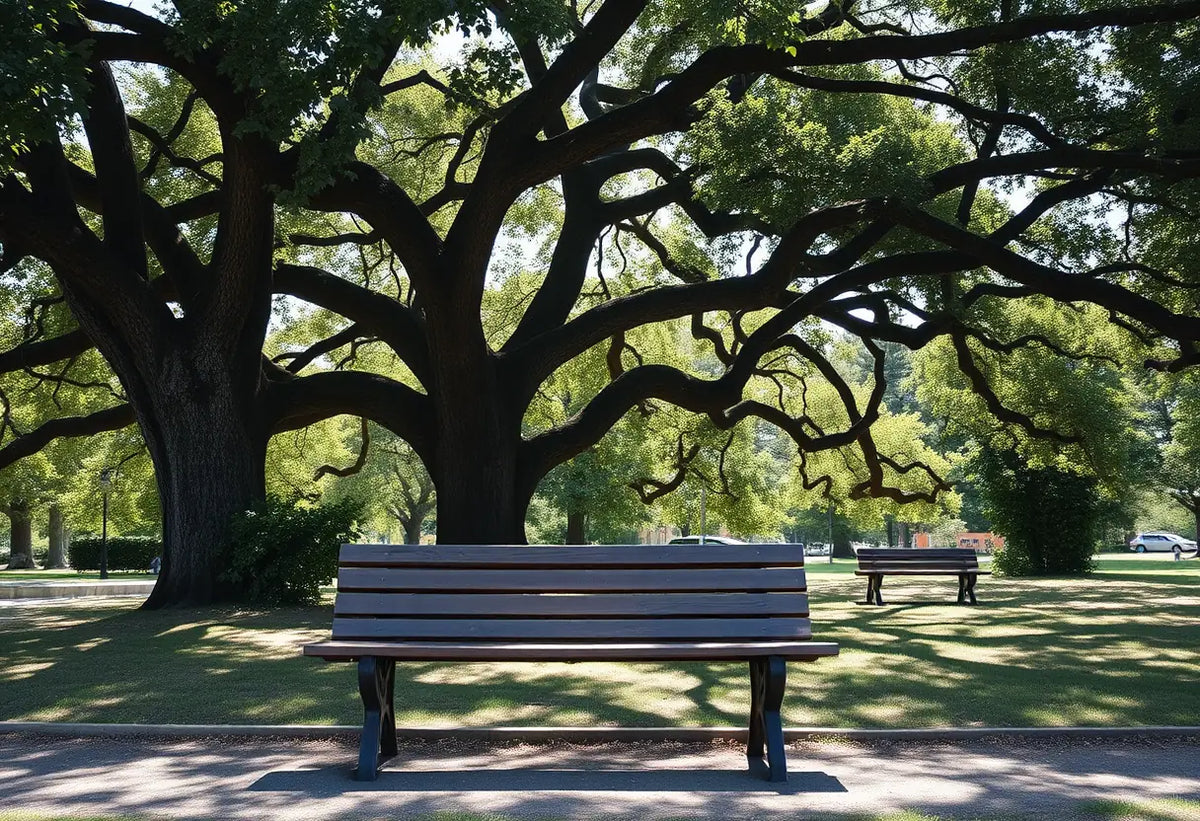 Banc de bois vide sous un grand chêne, lumière naturelle filtrée