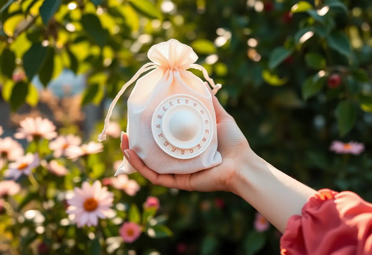 Main dans un sac contenant un cap cerclaire, au milieu des fleurs, lien avec contraception non hormonale