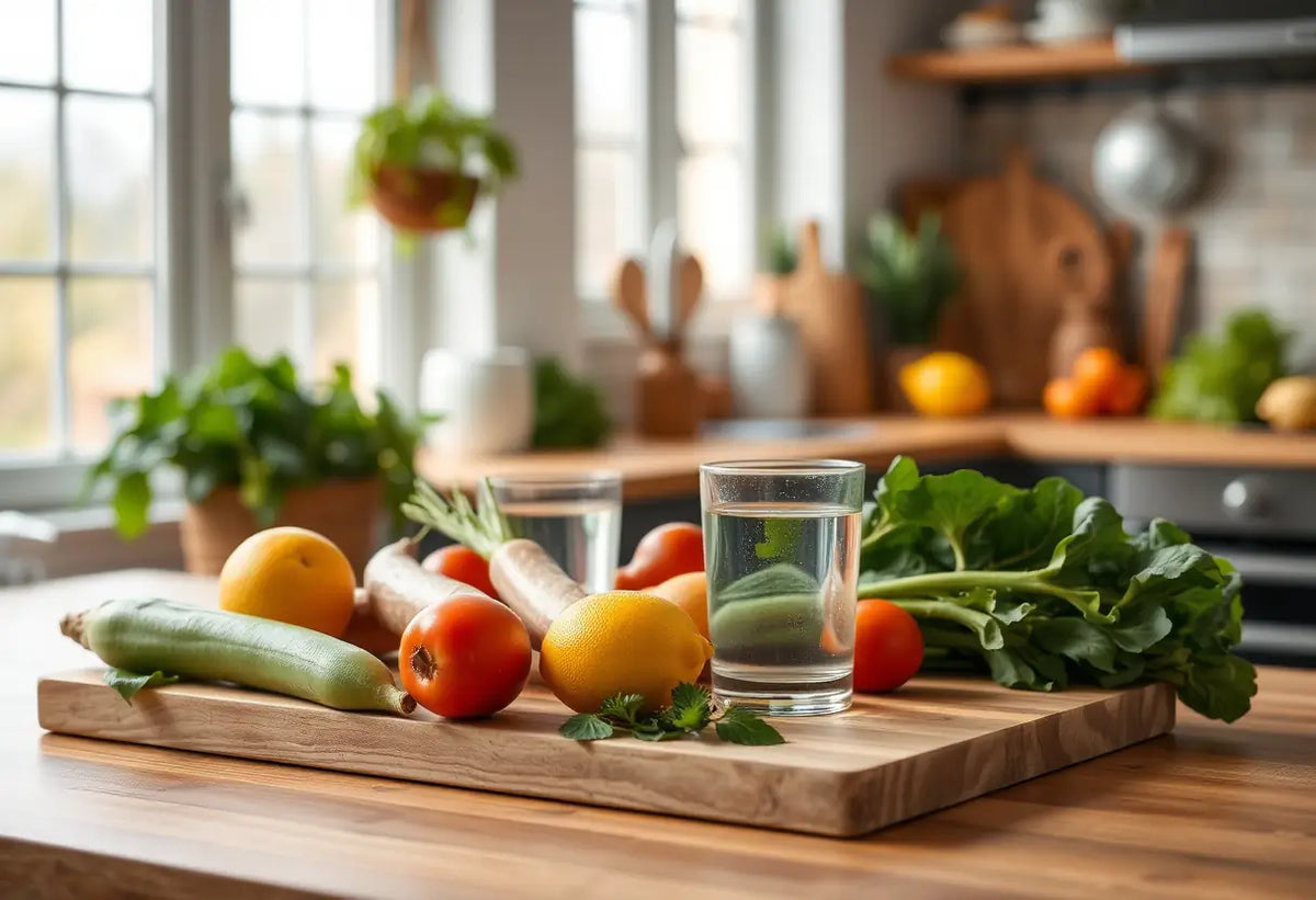 Planche à découper avec légumes et citron, cuisine bien éclairée