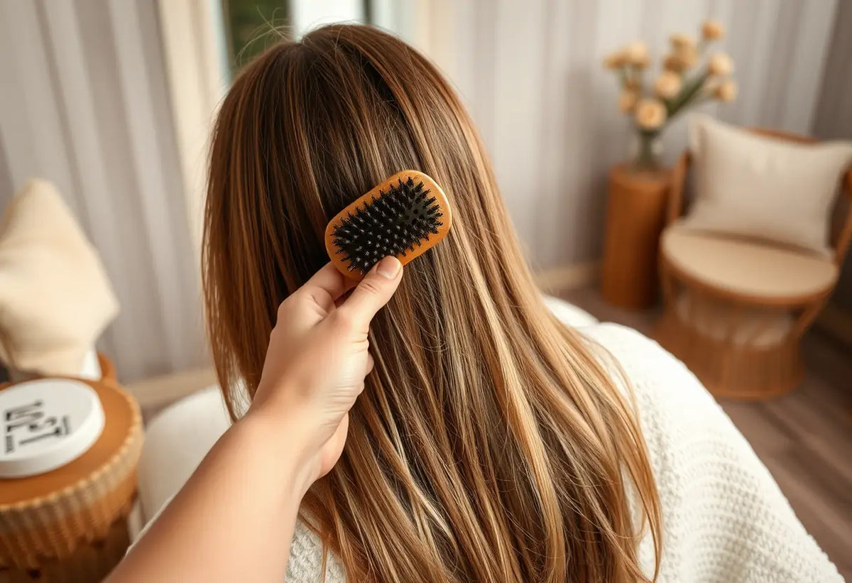 Un pinceau en bois brossant doucement les cheveux, symbole de soins intimes