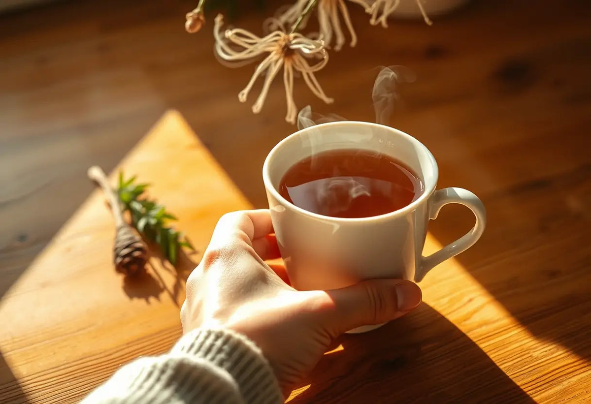 Une main tenant une tasse de thé chaud, créant une atmosphère apaisante