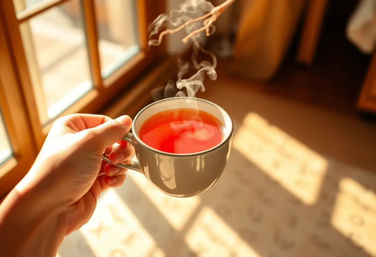 Une main tenant une tasse de thé herbagé, lumière naturelle