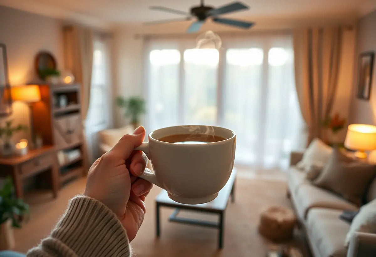 Une main tenant une tasse de thé chaud dans un salon accueillant