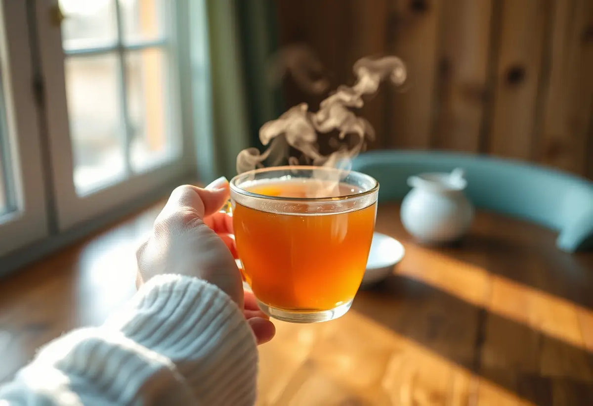 Une main tenant une tasse de thé herbeux, lumière douce apportant chaleur et confort.