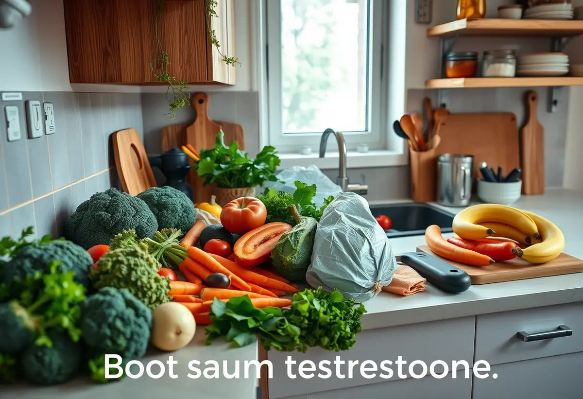 Un plan de travail de cuisine garni de légumes et de fruits frais, mettant en lumière l'importance de l'alimentation pour augmenter les niveaux de testostérone.