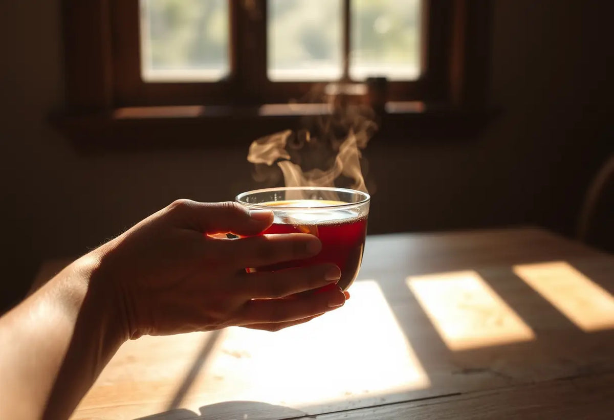Une main tenant une tasse de thé chaud sur une table en bois, lumière naturelle