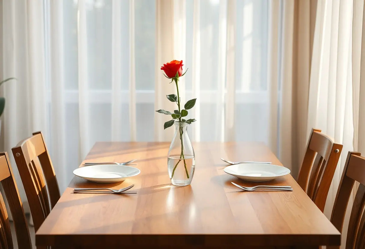 Un couvert romantique pour deux personnes avec une rose rouge, éclairé naturellement