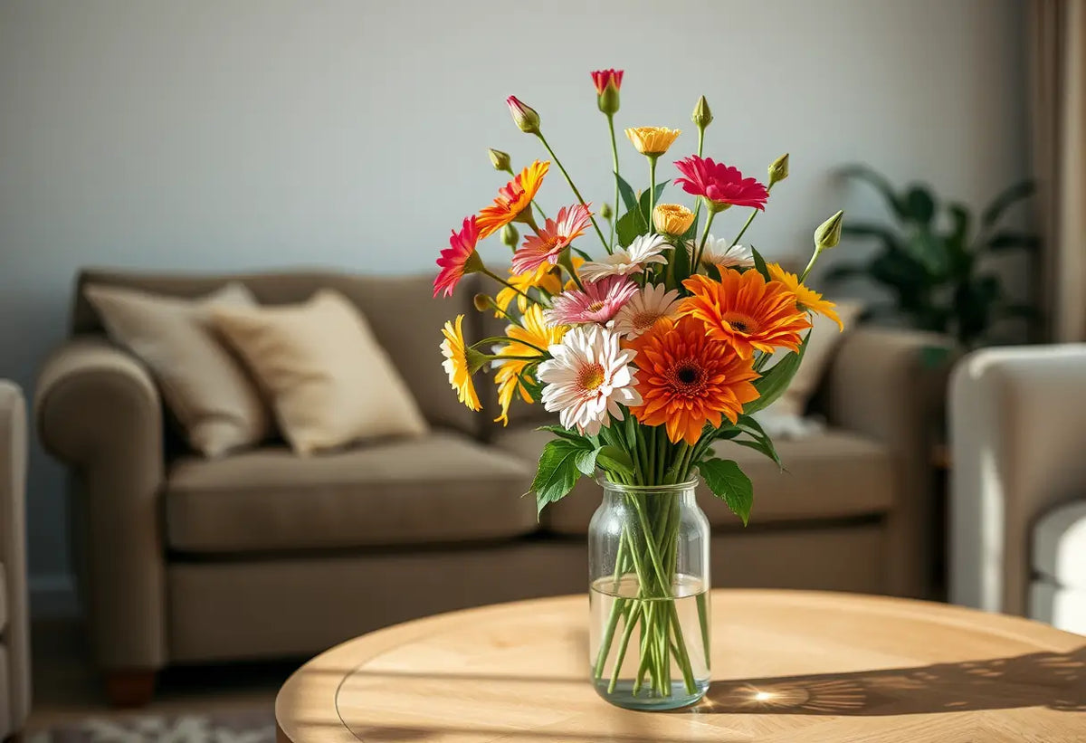 Un guéridon avec un vase de fleurs fraîches dans un salon chaleureux