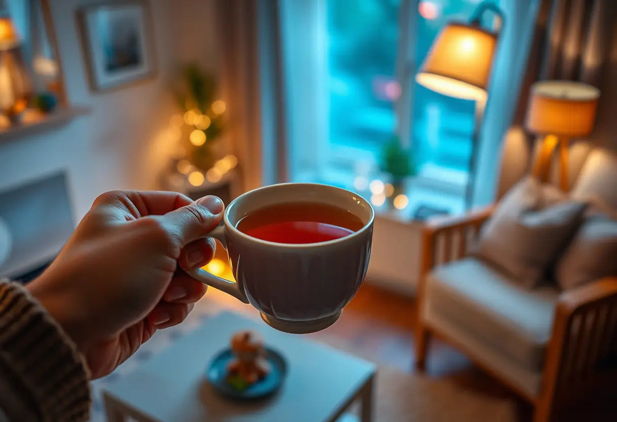 Une main tenant une tasse de thé dans un salon accueillant