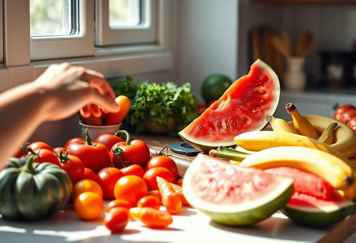 Un plan de travail de cuisine avec des légumes et des fruits frais