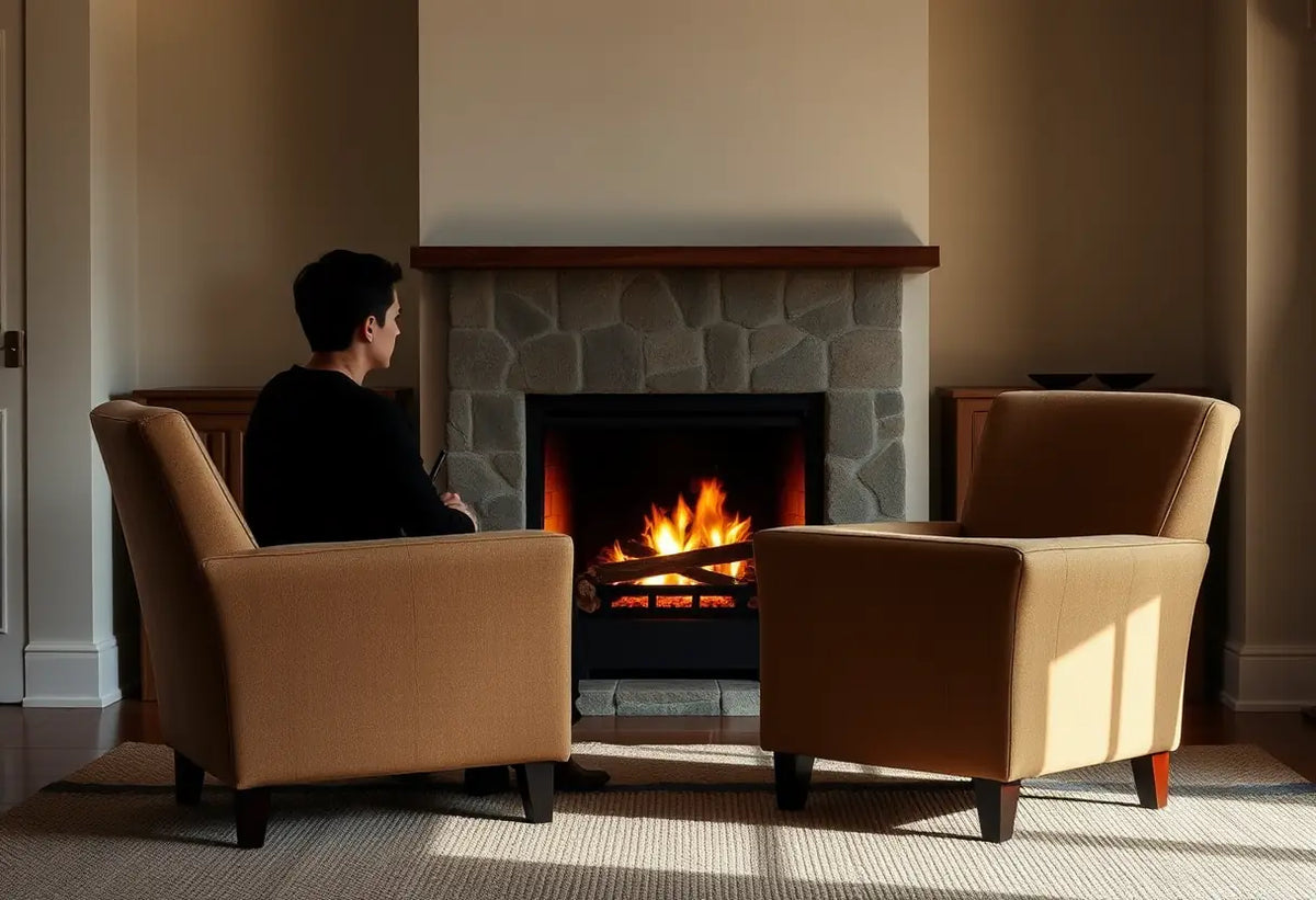Deux fauteuils face à face dans un salon chaleureusement éclairé par une cheminée