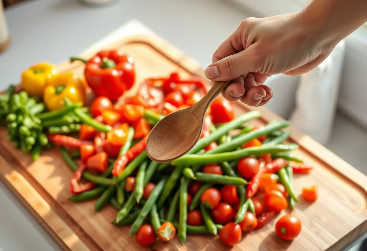Une main tient une cuillère en bois au-dessus d'un plan de travail garni de légumes colorés, santé prostatique