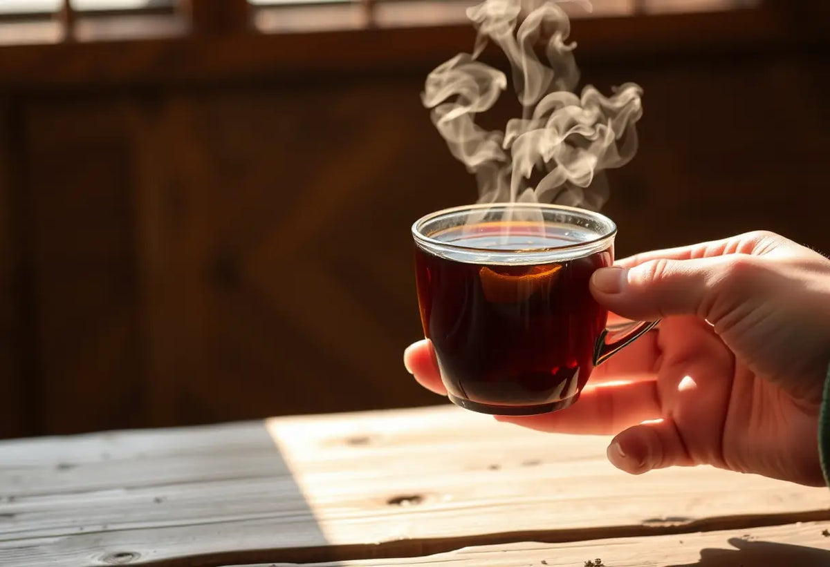 Une main tenant une tasse de thé chaud, la vapeur se dégageant sous la lumière du soleil