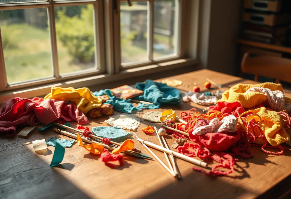 Un bureau recouvert de morceaux de tissu colorés et d'aiguilles à tricoter, éclairé par la lumière du soleil