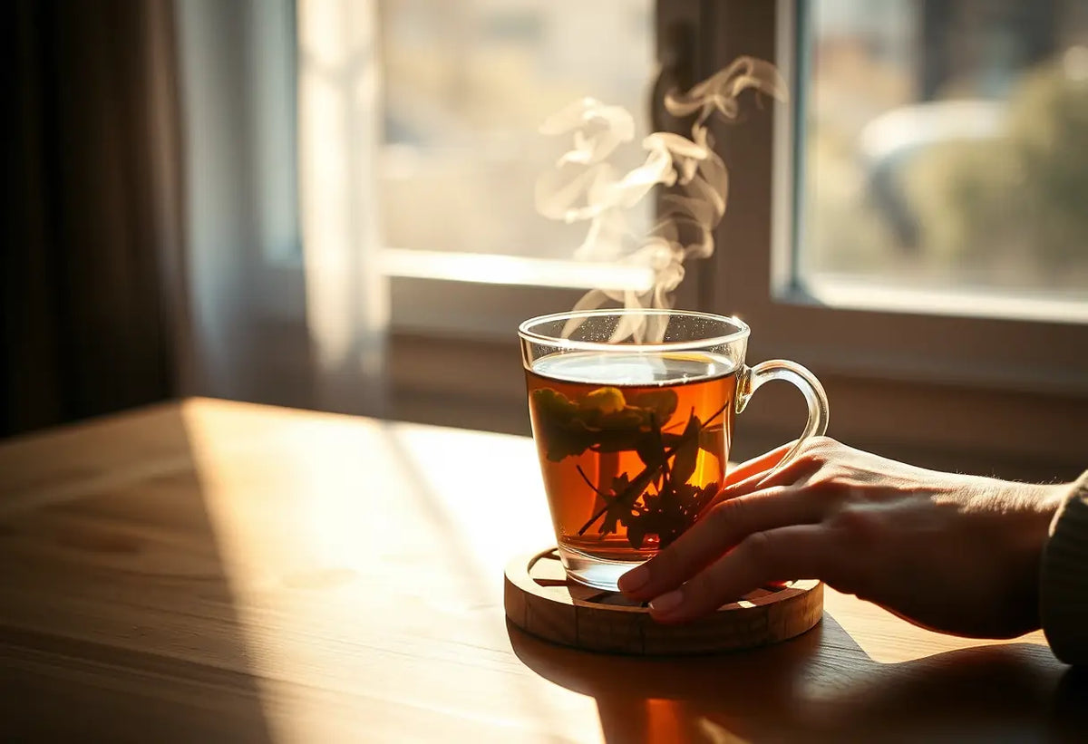 Une main tenant une tasse de thé herbagé, éclairée par la lumière naturelle