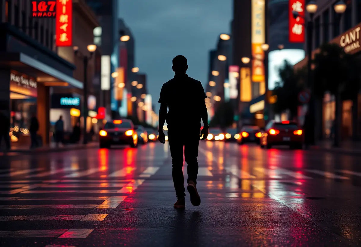 Un silhouetté marche sur une rue animée au crépuscule