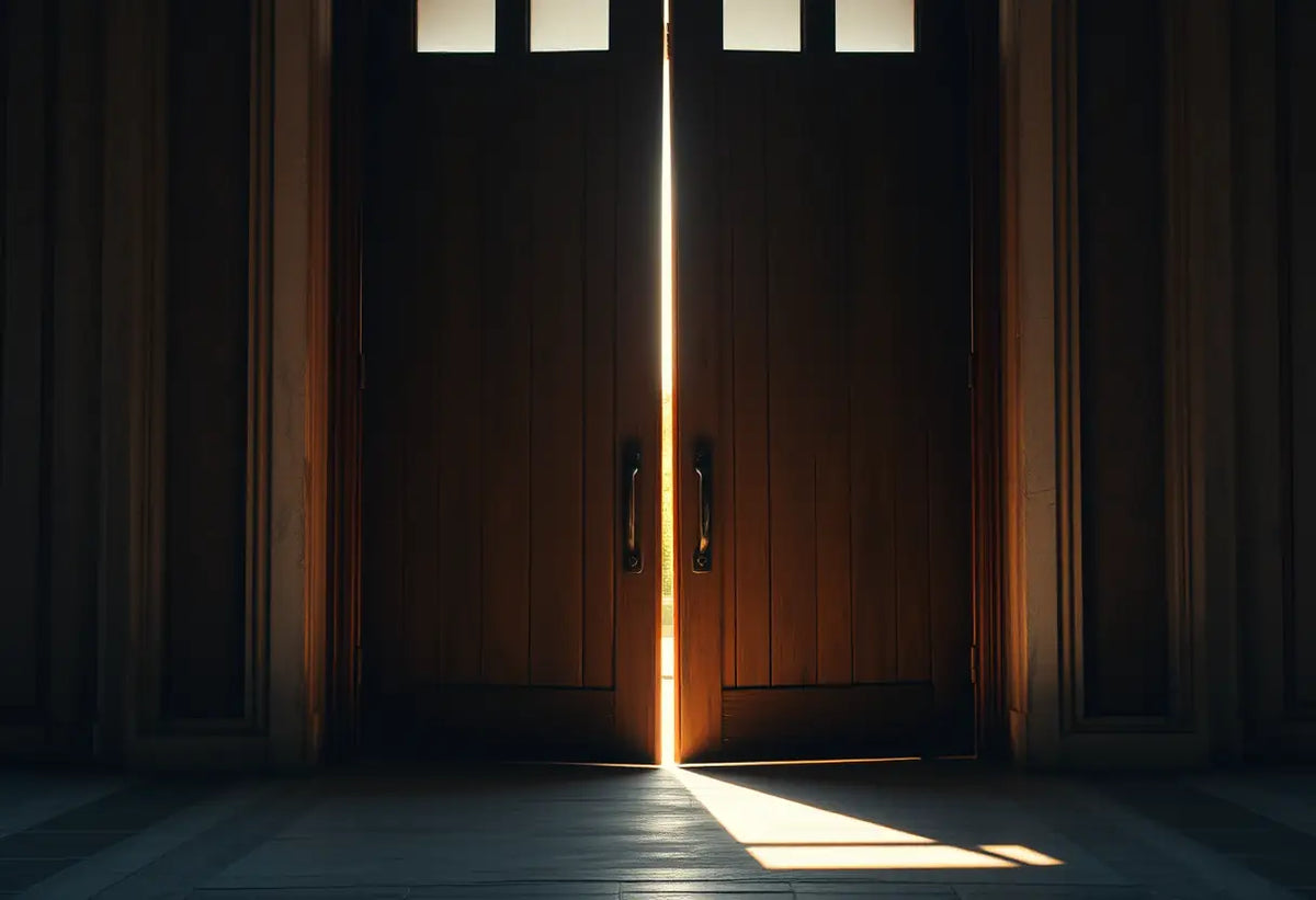 Une grande porte en bois entrouverte avec la lumière du soleil qui filtre à travers.