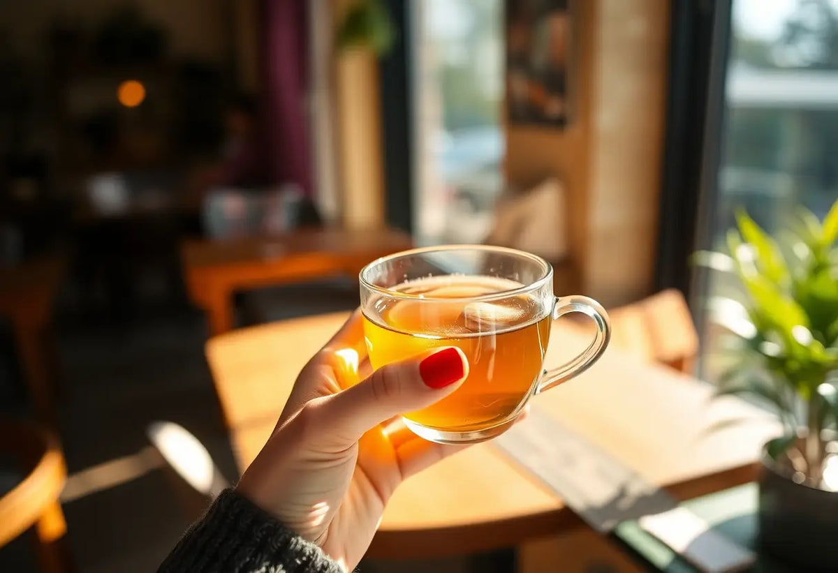 Une main tenant une tasse de thé herboriste dans un café accueillant