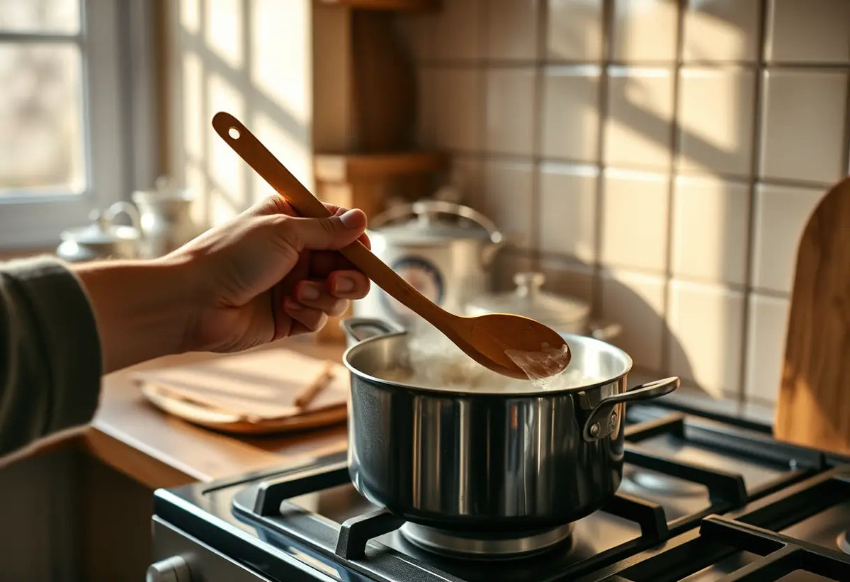 Une main tenant une cuillère en bois au-dessus d'une marmite bouillonnante dans une cuisine accueillante, sujet de la durée lors des relations intimes