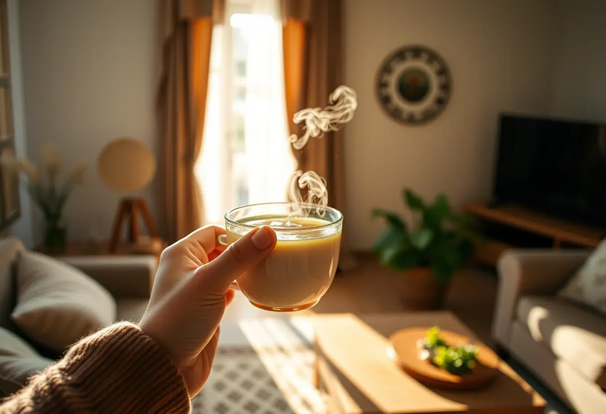 Une main tenant une tasse de thé aromatique dans un salon accueillant, favorisant le bien-être