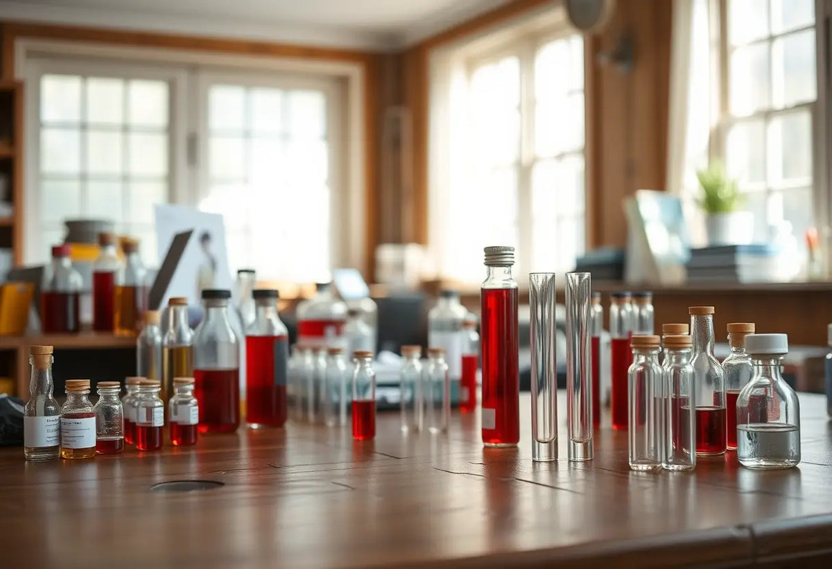 Bureau avec des flacons et tubes contenant des liquides pour examens médicaux