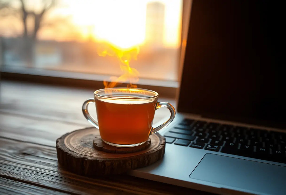 Tasse de thé aromatique à côté d'un ordinateur portable sous la lumière orangée du crépuscule