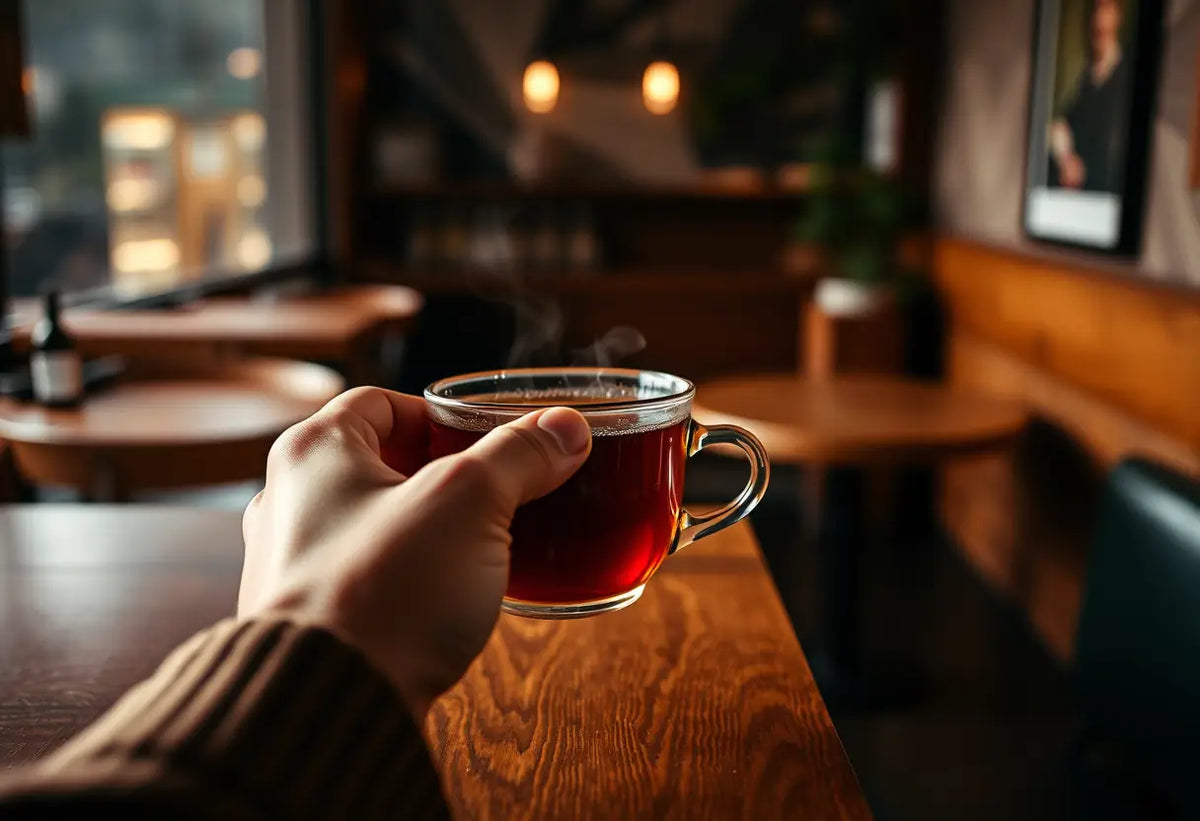 Une main tenant une tasse de thé chaud posée sur une table en bois dans un café accueillant, lien subtil entre deux personnes