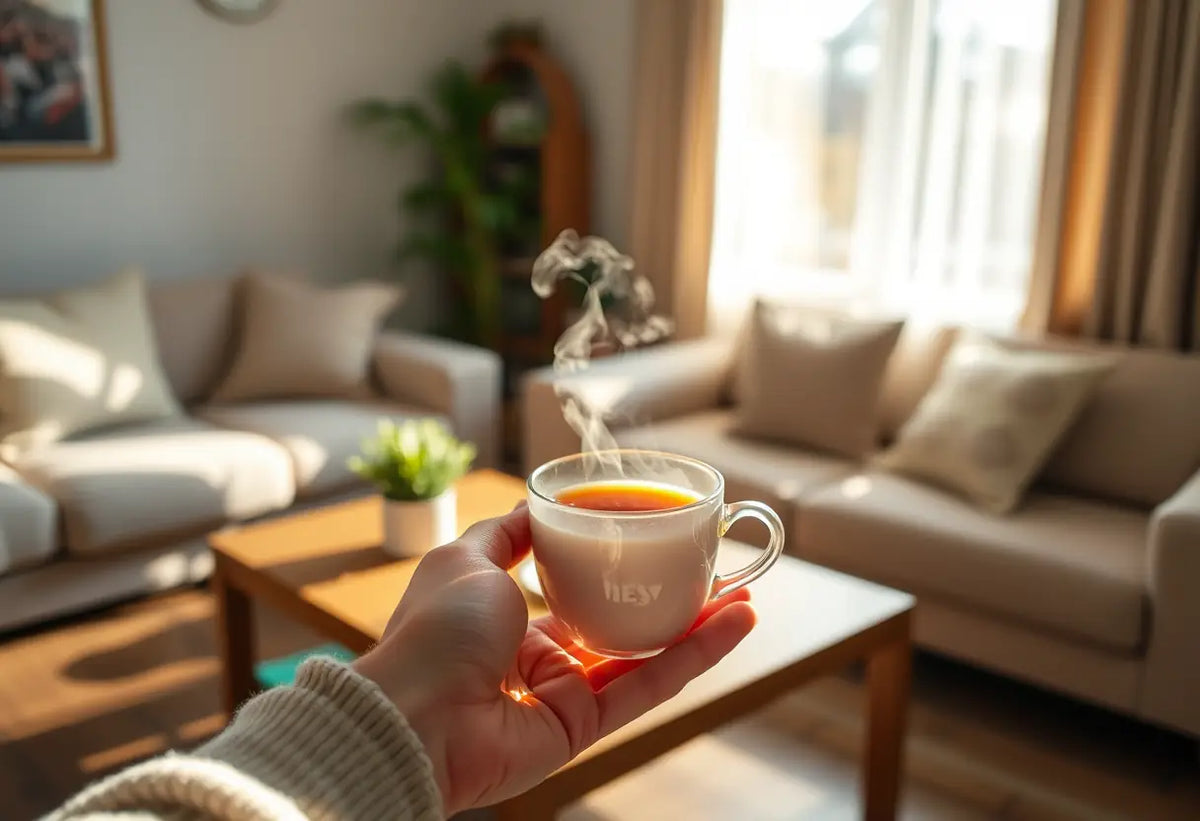 Une main tenant une tasse de thé chaud dans un salon accueillant
